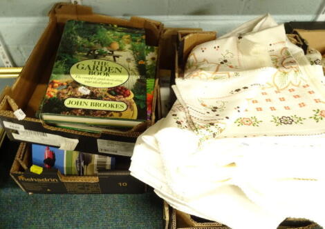 Various books, gardening, Brookes (John) The Gardening book, various linen, some worked, table ware etc. (2 boxes)