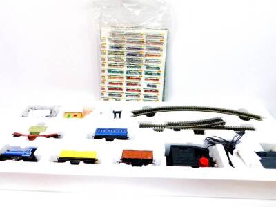 A Hornby The Blue Highlander OO-gauge train set, with Caledonian 0-4-0T locomotive, Vent van, 7 plank wagon, lowmac & load, four wheel coach, track pack A, instructions and track-mat, R1101, boxed . - 2