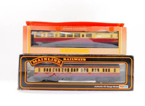 A Hornby OO-gauge B.R Ex-LNER Brake Coach, R410, and a Mainline Railways 37-111 OO-gauge B.R 57ft corridor coach in crimson and cream, boxed. (2)