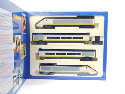 A Hornby Eurostar OO-gauge train set, Class 373 powered locomotive, unpowered locomotive and two passenger saloons, R665, boxed. - 2