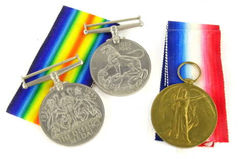 A World War I Civilisation medal, marked 1592 Pte WG Bassham LINCS R, with ribbon, further ribbon and two World World II medals, in outer packaging (a quantity).