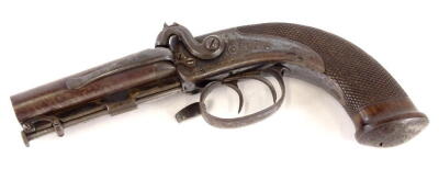 A 19thC double barrelled percussion belt pistol, bears the name Joseph Bourne, with muzzle loading damascus barrel (8.9cm), bearing proof marks below, with ram rod and single belt clip, with blued lock plates, having engraved scroll decoration, engraved t