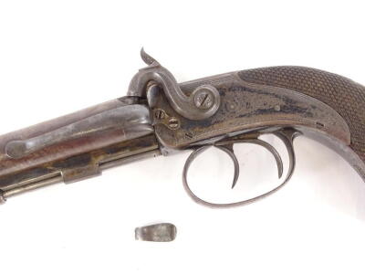 A 19thC double barrelled percussion belt pistol, bears the name Joseph Bourne, with muzzle loading damascus barrel (8.9cm), bearing proof marks below, with ram rod and single belt clip, with blued lock plates, having engraved scroll decoration, engraved t - 2