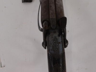 A 19thC double barrelled percussion belt pistol, bears the name Joseph Bourne, with muzzle loading damascus barrel (8.9cm), bearing proof marks below, with ram rod and single belt clip, with blued lock plates, having engraved scroll decoration, engraved t - 3