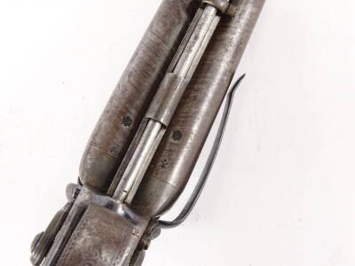 A 19thC double barrelled percussion belt pistol, bears the name Joseph Bourne, with muzzle loading damascus barrel (8.9cm), bearing proof marks below, with ram rod and single belt clip, with blued lock plates, having engraved scroll decoration, engraved t - 4