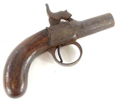 A 19thC box lock percussion muff pistol, with engraved scroll decoration to the lock plates and engraved trigger guard with turn off steel barrel (3cm) and figured mahogany grip, overall length 12cm.