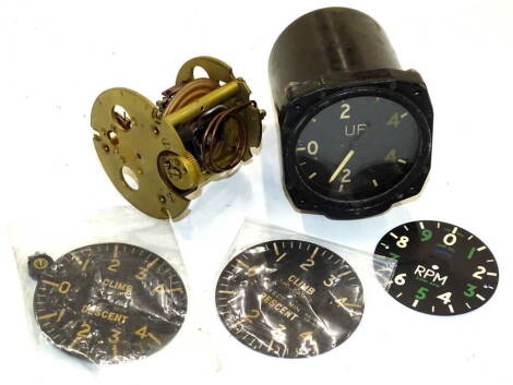 Various vintage aeroplane dials, to include 1UR 1881/52 with crows foot emblem, in Bakelite case, 6cm diameter, various other fittings etc. (a quantity).