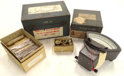 Various instrument boxes etc., a type P12 instrument box, lacking contents, 27cm wide, various brass weights, a type PSM box (a quantity).