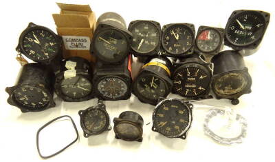 Various vintage dials and accessories, aeroplane dials, F/M dial, another climb and descent dial with Arabic numerals, 8cm high, marked Feb 1956 20RC/PC, various other part dials, etc., (a quantity).