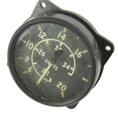 A vintage aeroplane dial airspeed indicator, as fitted to Benfort, Firefly II, Barracuda, Sea Hurricane, Seafire II, etc., with Arabic dial, in metal case marked RWMR862 6th November 1967, 10cm diameter.