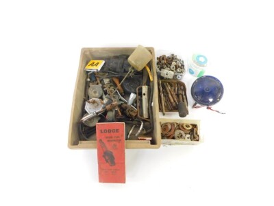 An AA car badge, PMG blue lamp, Lodge spark plug information booklet, drill bits and sundries. (quantity)