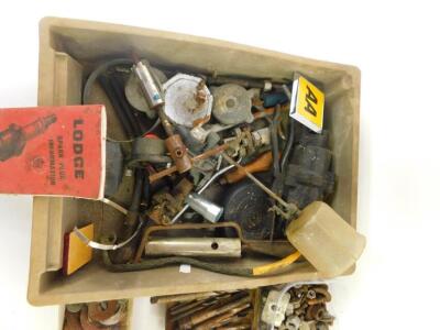 An AA car badge, PMG blue lamp, Lodge spark plug information booklet, drill bits and sundries. (quantity) - 3