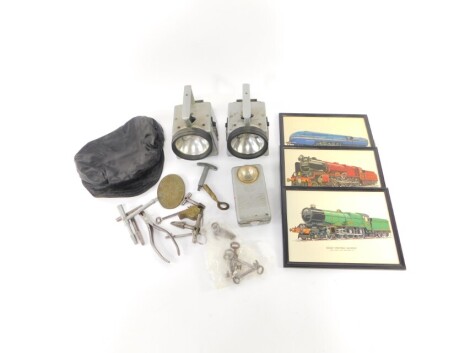 Two BR chloride railway signalman's lamps, cap, belt, torch, pullers and extractors, etc. (quantity)