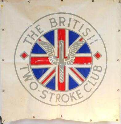 A British Two Stroke Club canvas banner sign, showing the club's motif against a white ground, signed verso R.Sleigh, B.T.S.C, 126cm wide, 124.5cm high.