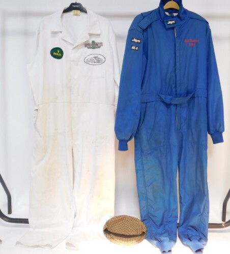 A set of Formula white overalls, by Dickies, size 120, with felt badges for Goodwood Motor Circuit, and Rolex Goodwood Revival Drivers Club 2004, a cloth cap, and a further set of blue overalls named for Jays M4. (3)