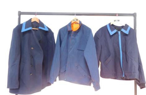 A British Rail jacket, with turquoise trim, together with a wool overcoat, and a blouson jacket with orange lining, size L. (3)