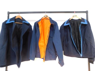 A British Rail jacket, with turquoise trim, together with a wool overcoat, and a blouson jacket with orange lining, size L. (3) - 3