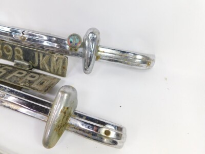 A pair of 1950's MGA front and rear bumpers, bearing registration plates 595PPD & 898JKM. - 2