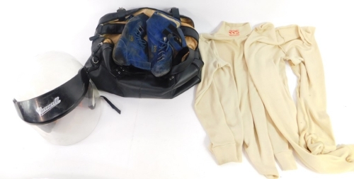 A Cromwell competition motorcycle helmet, fibre glass size 3, together with a holdall containing a pair of RRS shoes and an RRS fireproof sweatshirt and leggings, together with a pair of OMP gloves.