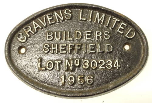 A cast iron railway sign, Cravens Limited Builders Sheffield lot no. 303234 1956, 18cm wide, overpainted.