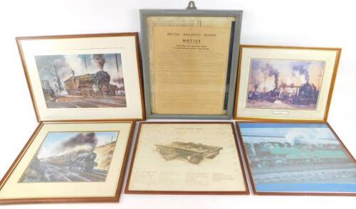 A British Railways board notice, Movement of Traction Units in Maintenance Depot's and Signing's, together with a print of a BR type B4 bogie, and railway prints after Terence Cuneo, Terry Shelbourne, etc. (8)