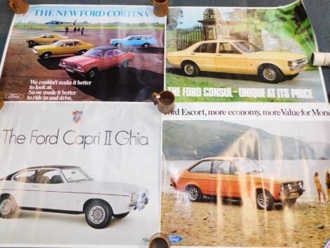 Twenty six 1970's Ford advertising posters, including The Capri, Escort, Granada, Popular, and Fiesta.