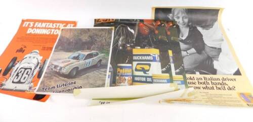 Motor racing and associated advertising posters, including Duckham's motor oil, the Nurburgring motor racing circuit, Martini Grand Prix racing 1975, Pirelli & Dunlop tyres. (8)