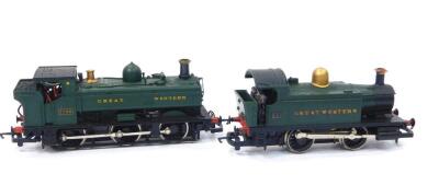 Two OO gauge GWR locomotives, GWR Green 0-6-0 Class 5700 pannier tank locomotive and a GWR Green 0-4-0 Class 101 experimental side tank locomotive, DCC fitted. (2)