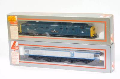 Two Lima OO gauge diesel locomotives, comprising a Class 55 Deltic The Fife and Forfar Yeomanry 9006, BR blue livery with yellow ends and a Class 59 Yeoman Endeavour 59001, DCC fitted, boxed.