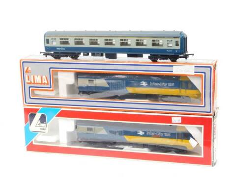 Two Lima OO-gauge InterCity 125 Class 43 HST engines, BR Corporate blue, 205160 and 205164, boxed, and an InterCity coach in BR Corporate blue W13493, DCC fitted. (3)