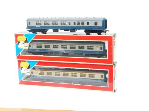 Two Lima OO-gauge InterCity coaches, BR Corporate blue livery, W1493, boxed, and another, M4950. (3)