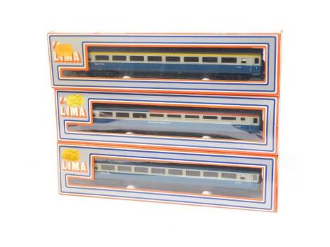 Three Lima OO-gauge InterCity M12004 coaches, BR Corporate blue livery, 305366W, 205163W and 205161W.