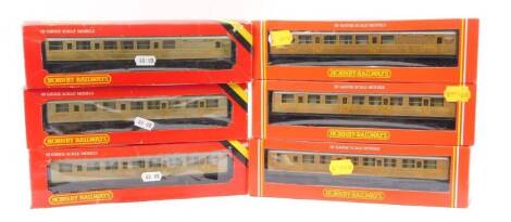 Six Hornby OO-gauge composite coaches, LNER Gresley teak livery, R477, R405 and R478.