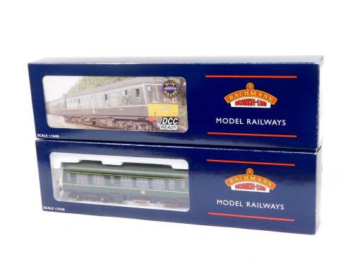 A Bachmann OO gauge Class 108 two coach DMU, BR green livery with speed whiskers, 32-900A, boxed. .