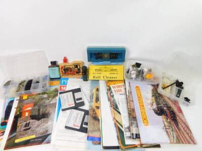 A Peco Lectrics servicing kit PL-71, rail cleaner, modelling materials and spares, catalogues and other printed ephemera. (a quantity)