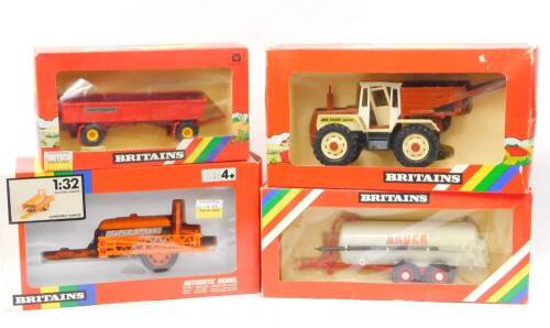 Britains die cast farm vehicles., comprising an NB TEAC 1500 tractor with detachable tipper hopper, 1-32 Superspray tanker, Bauer slurry tanker and a Massey Ferguson trailer. (4)