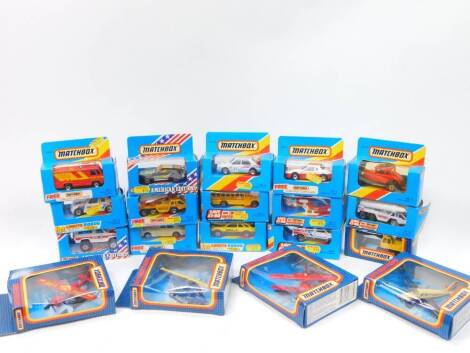 Matchbox die cast vehicles, including a MB47 school bus, MB65 rescue trunk, Skoda car, various boxed Sky Buster aeroplanes, boxed. (19)