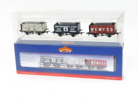 A Bachmann OO-gauge three wagons set, Dutton Massey, Cambrian Mercantile Colleries and Wemyss, 37-057K, boxed.