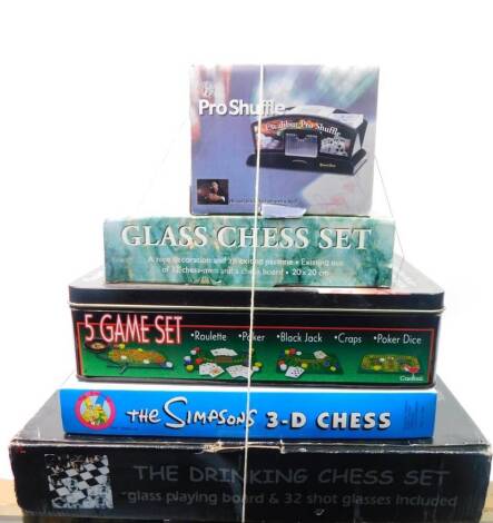 Board games. including a glass chess set, Pro-Shuffle, drinking chess set, etc. (a quantity)