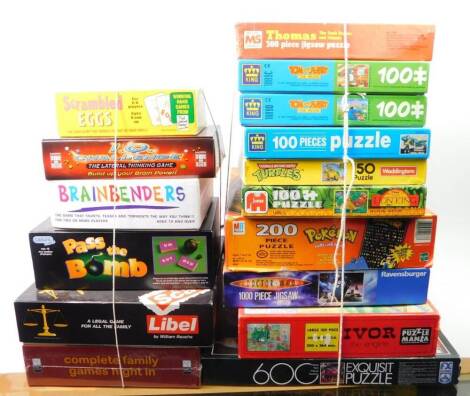 Jigsaw puzzles, including Tom & Jerry, Michael Stanfield Thomas The Tank Engine 300 piece, various other jigsaws, Scrabbled Eggs, Pass The Bomb and other board games, etc. (a quantity)