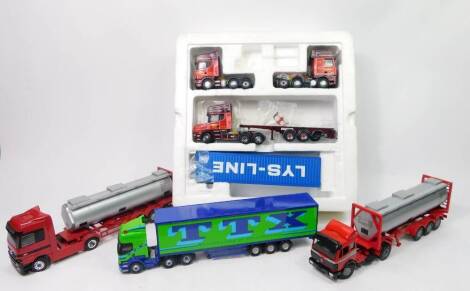 A die cast advertising lorry set Benton Brothers Boston, comprising three cabs, one trailer and a LYS-LINE storage container (partially boxed) and three various unboxed advertising lorries, comprising two tankards and a TTX lorry with back, 1:50 scale. (a