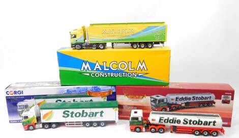 Corgi die cast lorries, comprising a Corgi limited edition Stobart Hauliers of Renow CC13768, another Mann TG-X fuel tanker, Eddie Stobart CC15207 and Malcolm Construction, unmarked, 1:50 scale. (3)