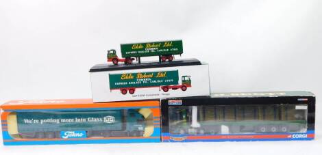 Die cast 1:50 scale lorries, Tekno UG, Eddie Stobart DAF F200 curtain side Twiggy and R & H Scott log lorry, boxed. (3)