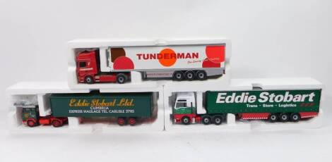 Die cast 1:50 scale lorries, comprising Corgi Eddie Stobart Volvo F88 boxed trailer, another and a Tunderman lorry, boxed. (3)