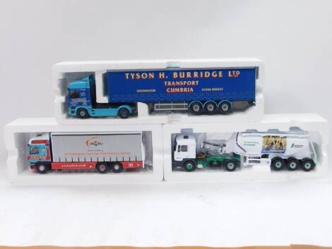 Corgi die cast 1:50 scale vehicles, limited edition, PL-EX curtain side lorry, Estazem Lafarge tanker and Burridge Transport, boxed. (3)