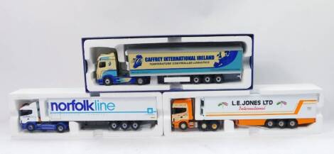 Corgi die cast 1:50 scale advertising lorries, L E Jones Ltd, Norfolk Line CC12204 and Hauliers of Renown limited edition Caffrey International, boxed. (3)