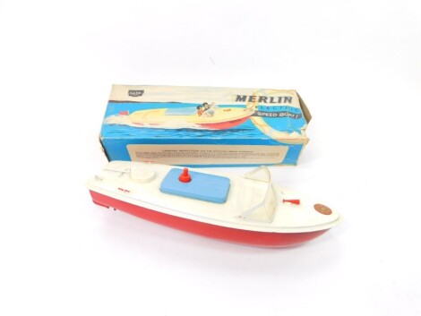 A Sutcliffe model of a Merlin electric speed boat, painted in red and white, boxed.