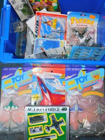 Toys and blister packs, including a part MC Toy aeroplane set, boxed, Action Force aeroplanes, boxed Piko Fla-Fsl 57/2 tank, Attack Force blister packs etc. (a quantity)