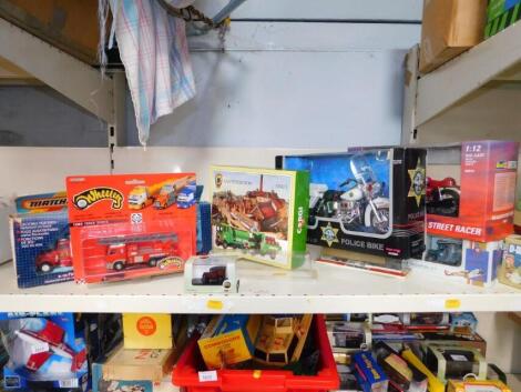 Die cast vehicles, including a Matchbox K/112 Fire Spotter, blister pack Wheelers fire engine, limited edition Green King D51/1, trucks, various other die cast, Majorette truck, special limited edition Lledo Royal Air Force transport set, police bike, Rev