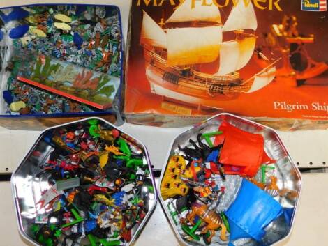 Miniature plastic toy soldiers, including the American Cavalry and American Civil War style figures, Busch boxed trees, various Britains 1971 metal based knights on horseback, a Mayflower Revell Pilgrim ship, H316, boxed etc. (a quantity)